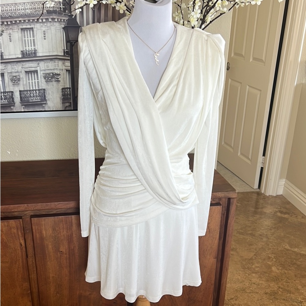 Mishka Cream Wrap Ruched Sheath Dress